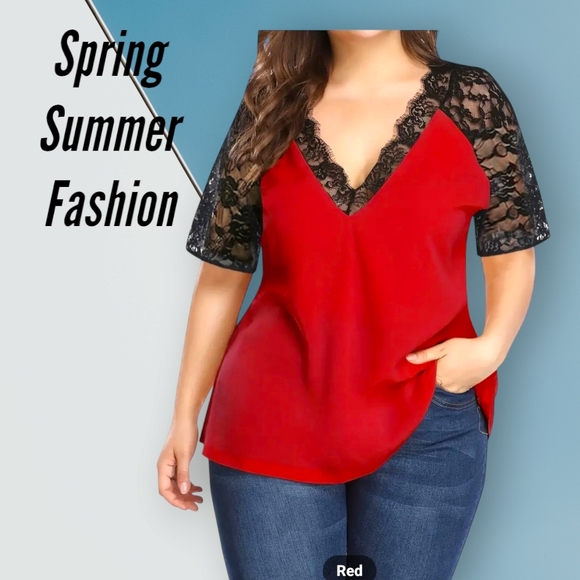 Women's Plus Size Red and Black Floral Jacquard Contrast Lace Casual Top💖 - Picture 11 of 12